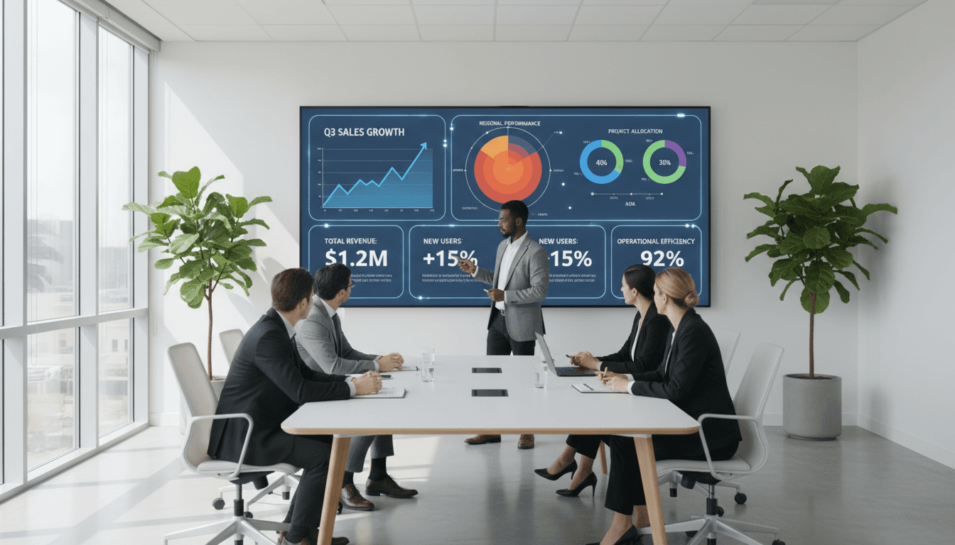 Corporate team reviewing colorful interactive dashboard with real-time data charts on large wall display in modern meeting room
