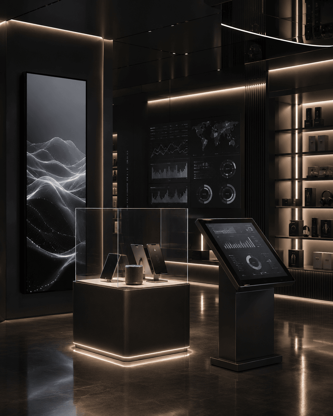 Showroom tecnológico minimalista com vitrines de vidro, telas de dados e iluminação embutida elegante.