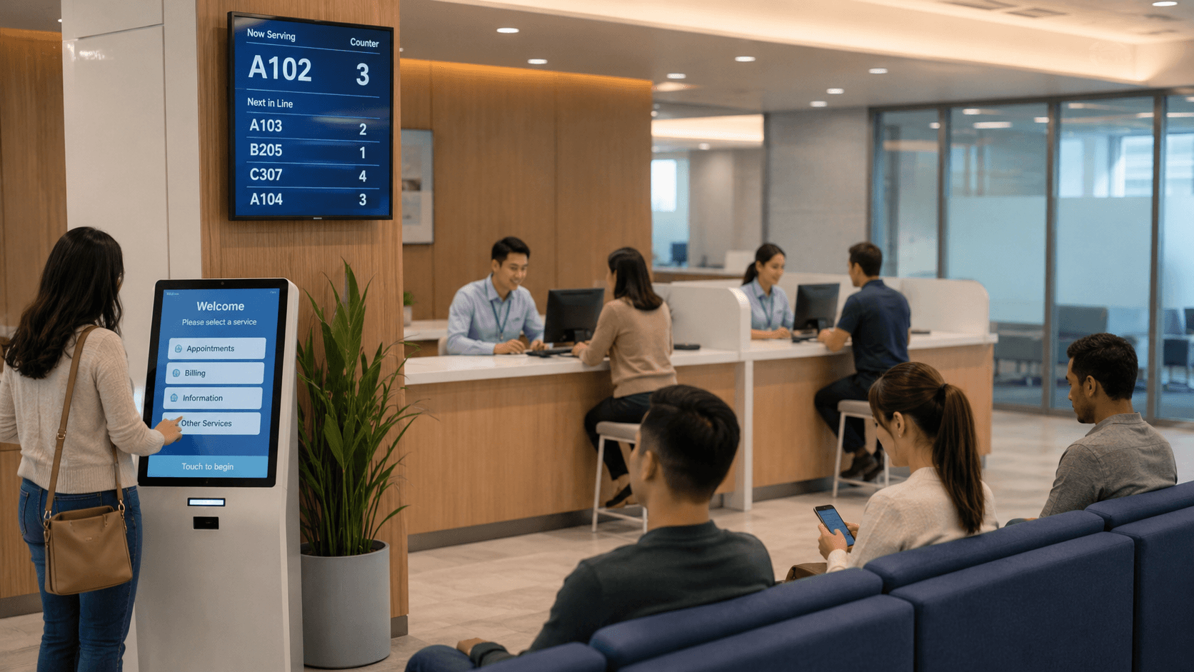 Mulher operando quiosque digital em recepção moderna com painel de senhas e balcões de atendimento.