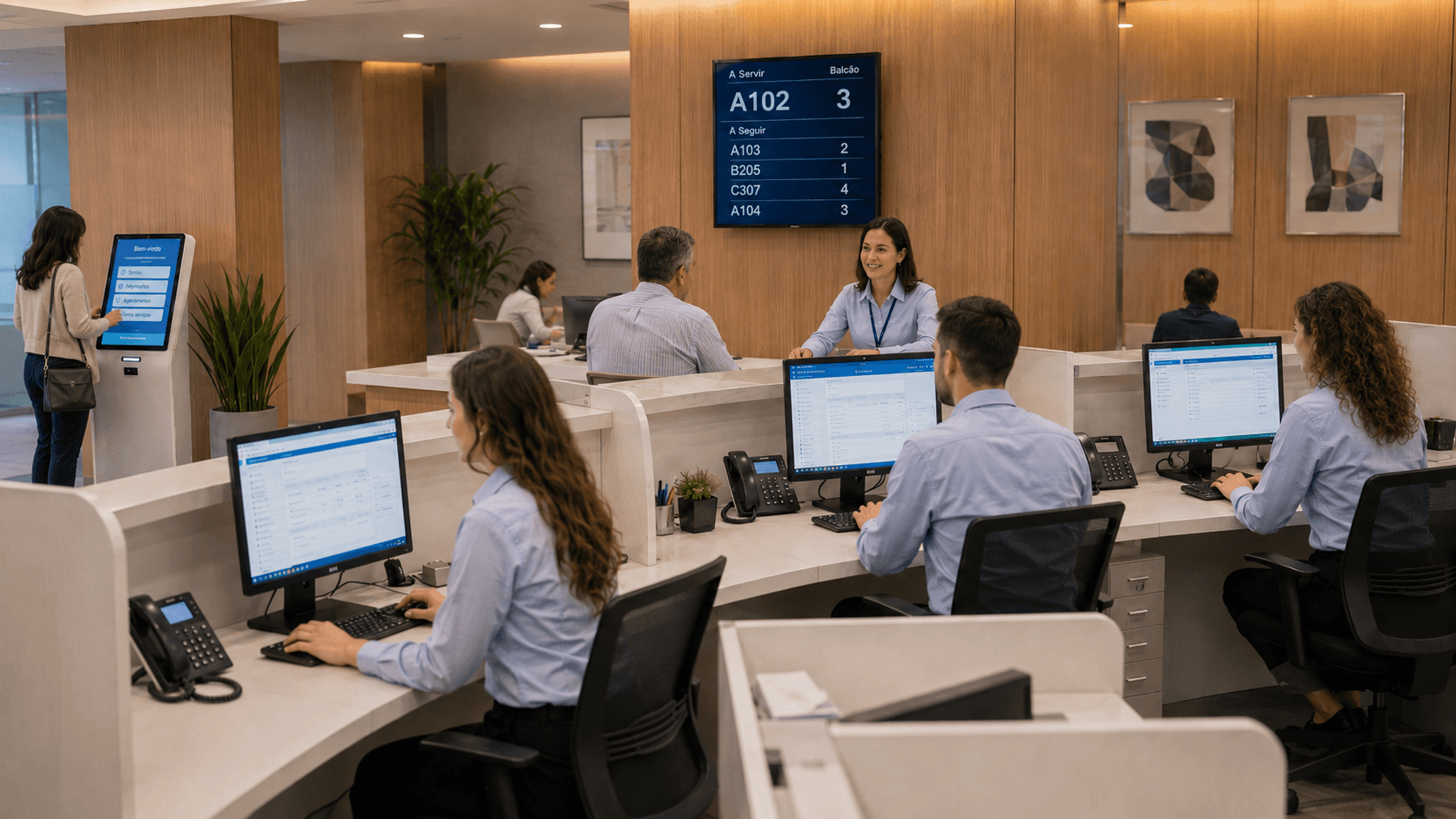 Funcionários de uniforme azul atendem clientes em um escritório moderno com painel digital de senhas.