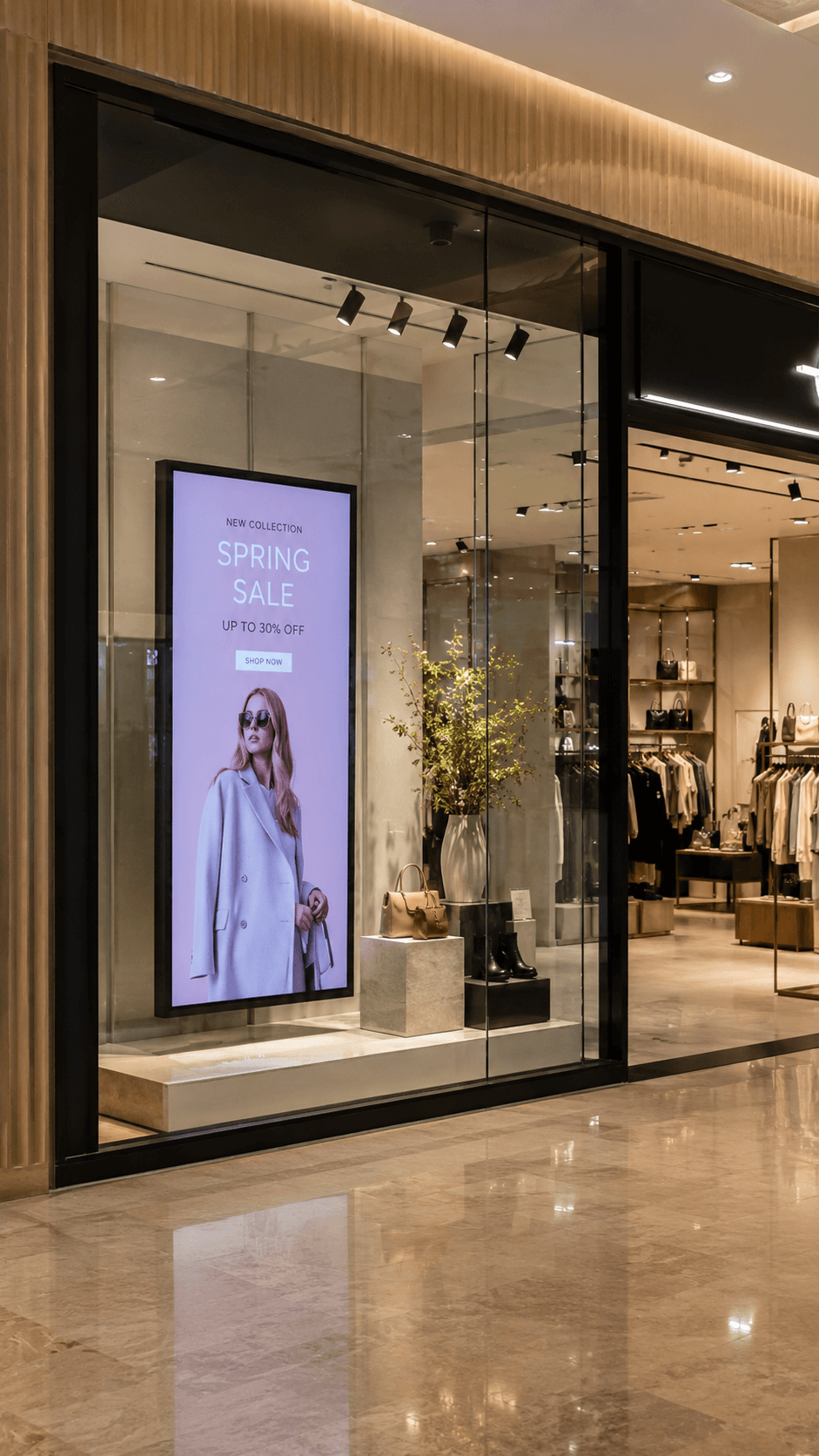 Vitrine de loja com tela digital anunciando liquidação de primavera, bolsa e planta decorativa.