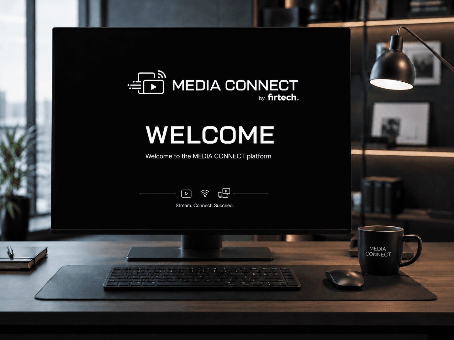 Monitor exibindo tela de boas-vindas da MEDIA CONNECT em mesa de escritório com acessórios pretos.
